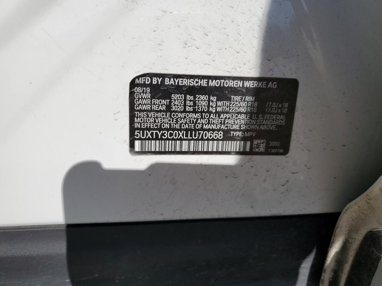 2020 BMW X3 VIN 5UXTY3C0XLLU70668 Copart auction photo, front end damage thumbnail 15