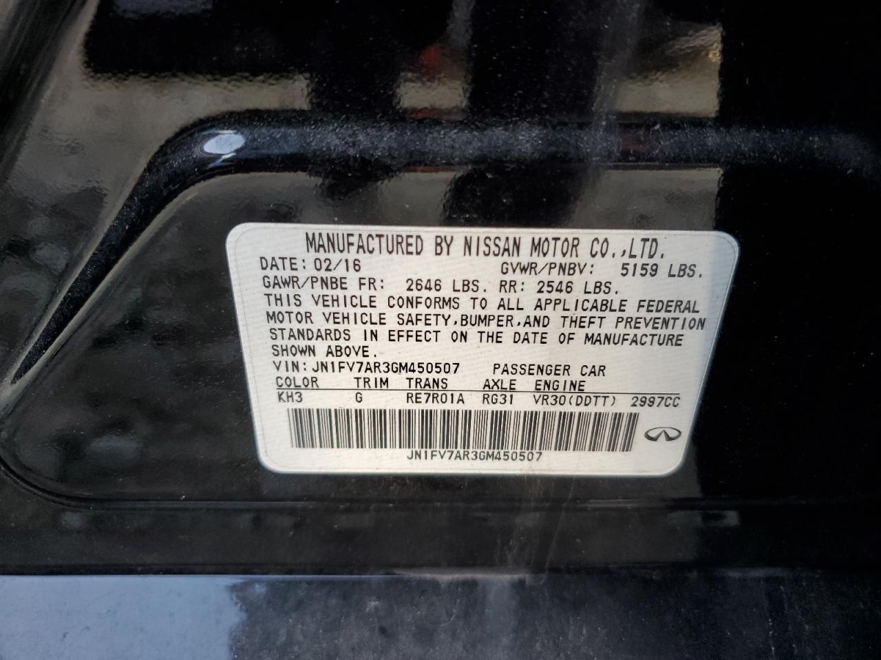2016 Infiniti Q50 VIN JN1FV7AR3GM450507 Copart auction photo, mechanical / vandalism damage thumbnail 12