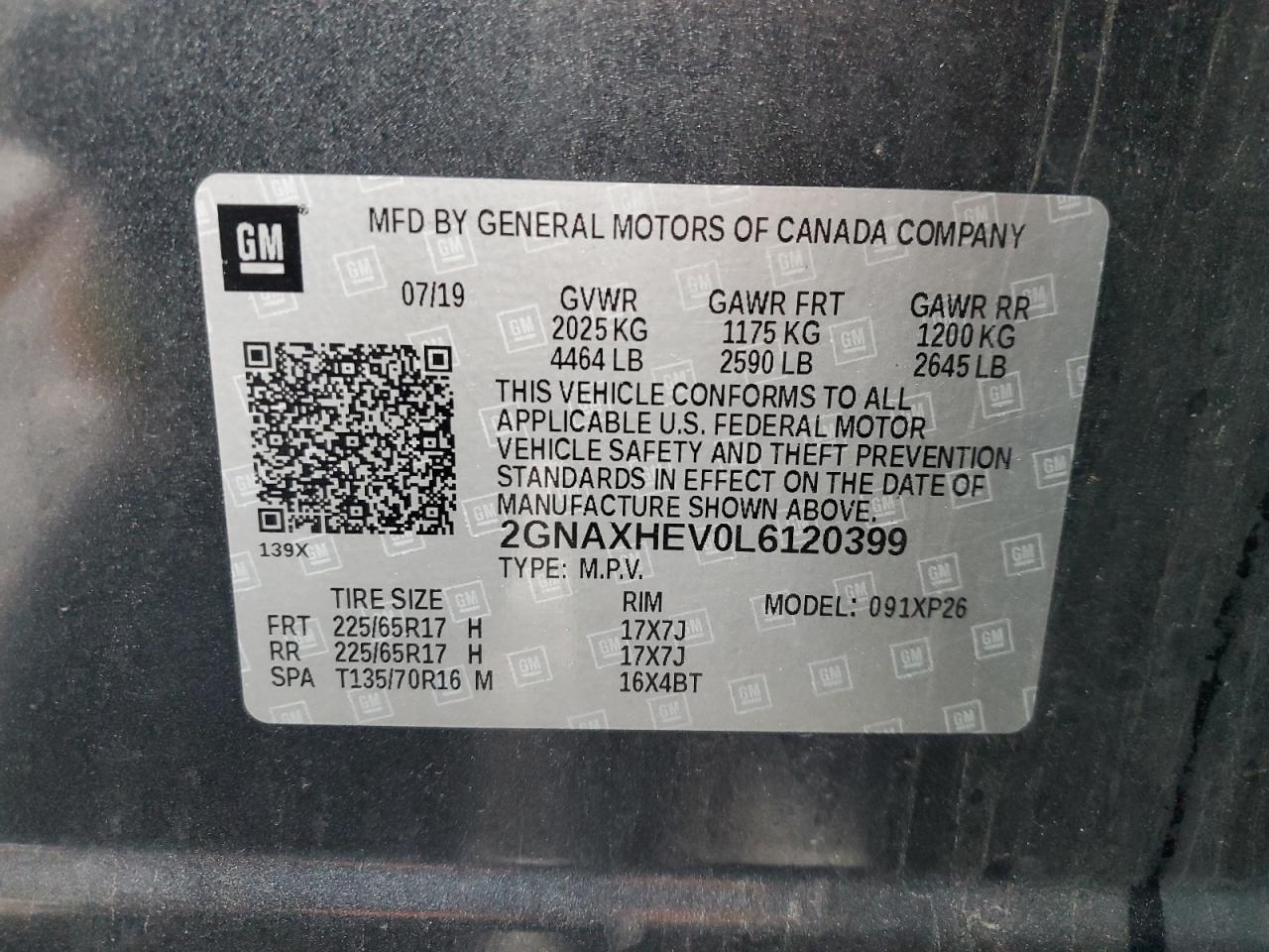 2020 Chevrolet Equinox VIN 2GNAXHEV0L6120399 Copart auction photo, front end / side damage thumbnail 13