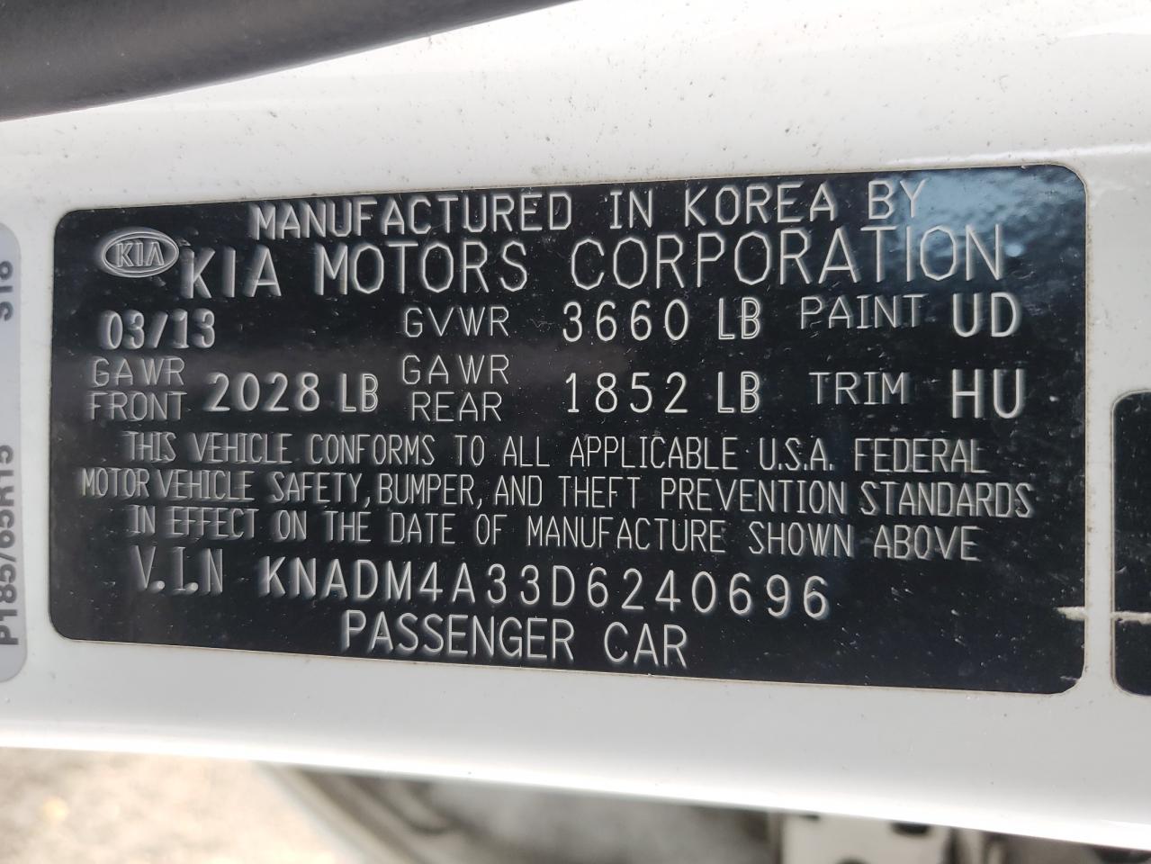 2013 KIA Rio VIN KNADM4A33D6240696 Copart auction photo, rear end / minor dent/scratches damage thumbnail 13