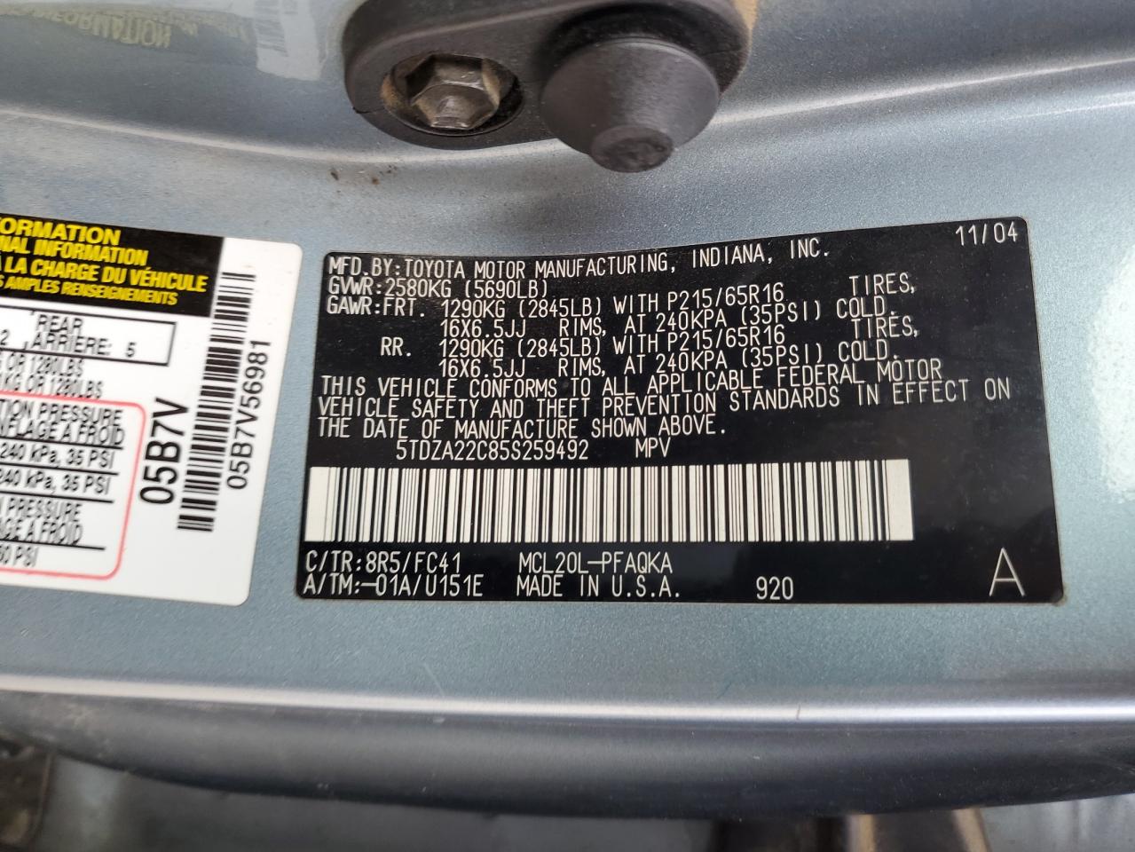 2005 Toyota Sienna VIN 5TDZA22C85S259492 Copart auction photo, side damage thumbnail 15