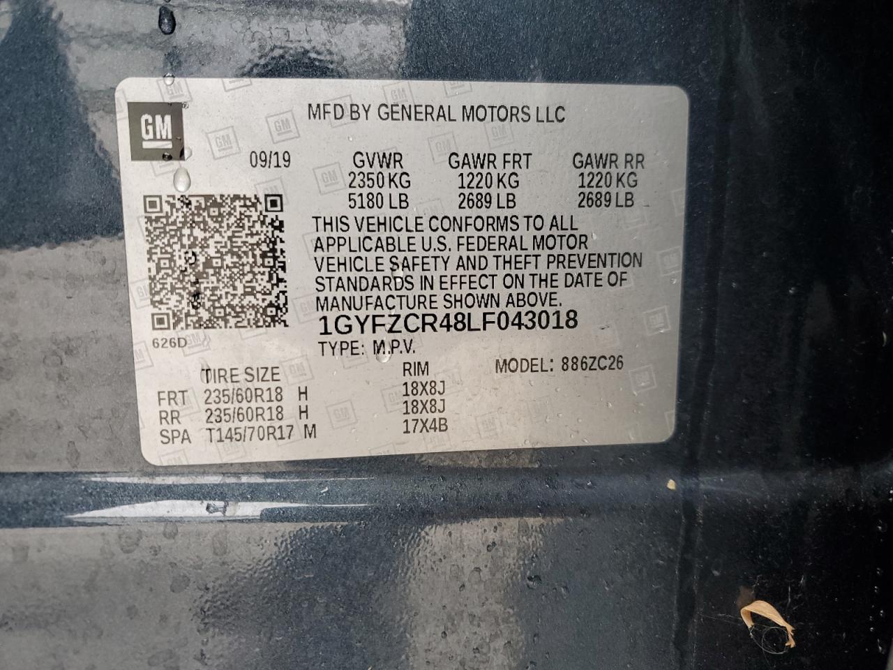 2020 Cadillac XT4 VIN 1GYFZCR48LF043018 Copart auction photo, side / rear end damage thumbnail 15