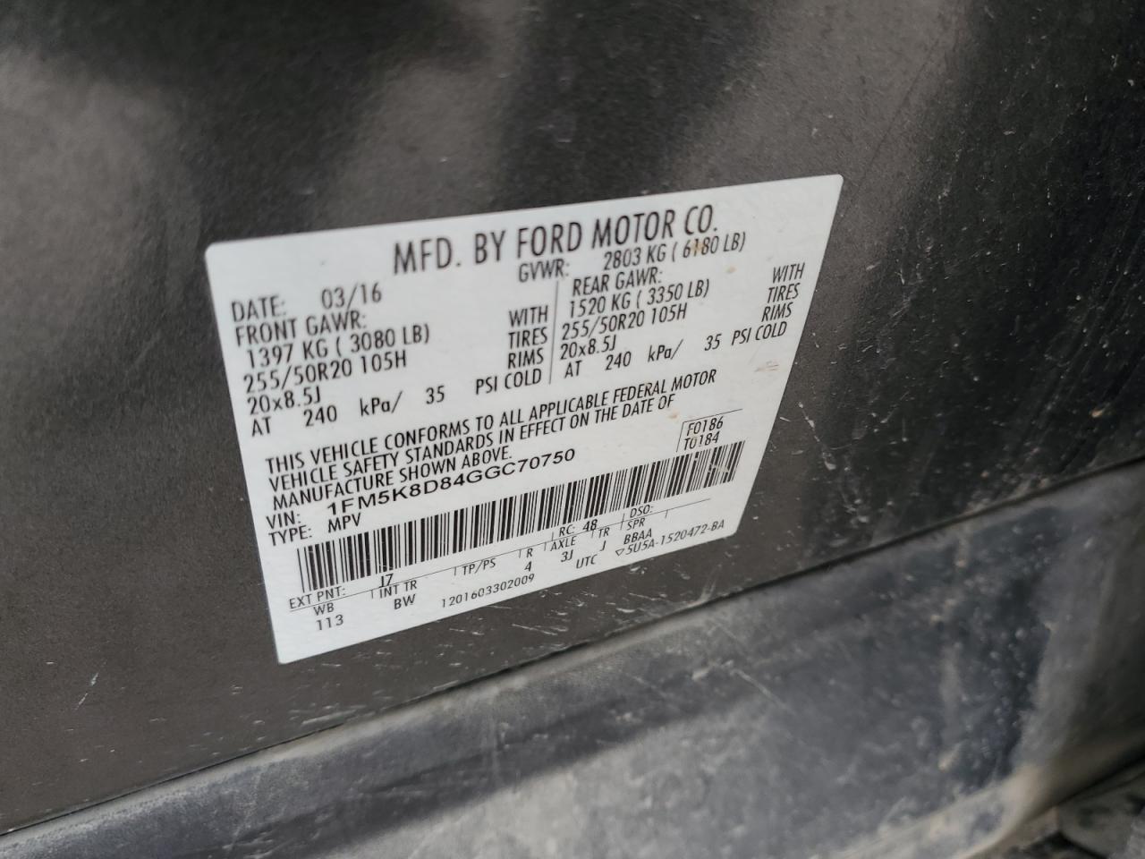 2016 Ford Explorer VIN 1FM5K8D84GGC70750 Copart auction photo, front end / mechanical damage thumbnail 13