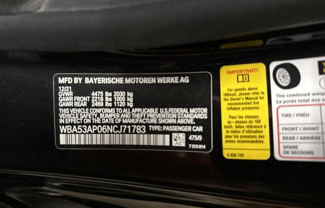 2022 BMW 4er VIN WBA53AP06NCJ71783 Copart auction photo, undercarriage / frame damage damage thumbnail 10