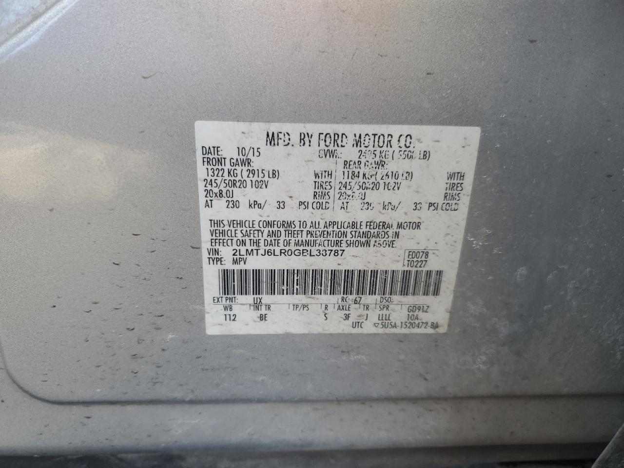 2016 Lincoln MKX VIN 2LMTJ6LR0GBL38787 Copart auction photo, front end / side damage thumbnail 13