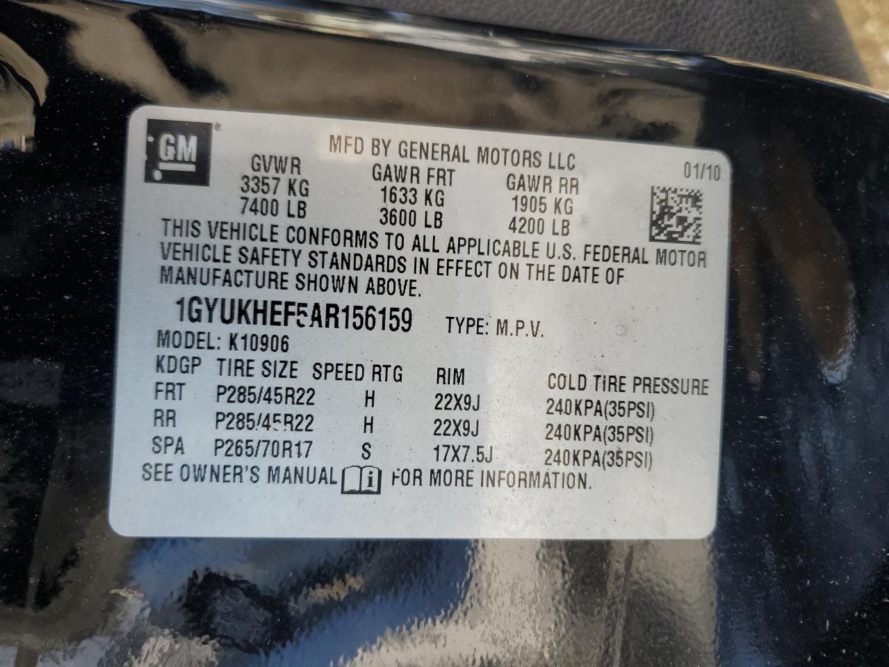 2010 Cadillac Escalade VIN 1GYUKHEF5AR156159 Copart auction photo, minor dent/scratches damage thumbnail 13