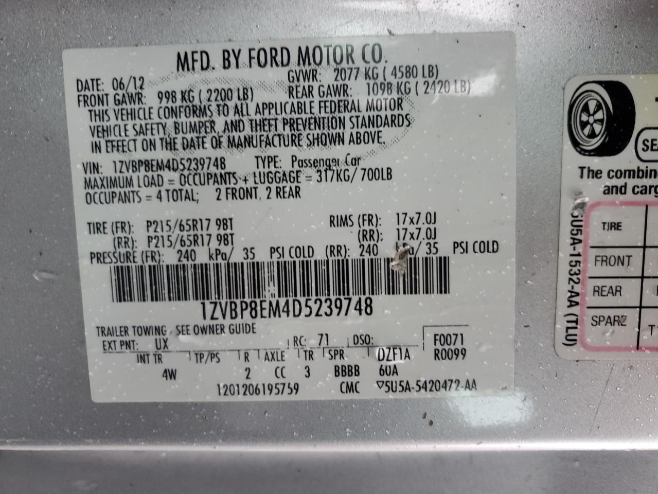 2013 Ford Mustang VIN 1ZVBP8EM4D5239748 Copart auction photo, front end damage thumbnail 12