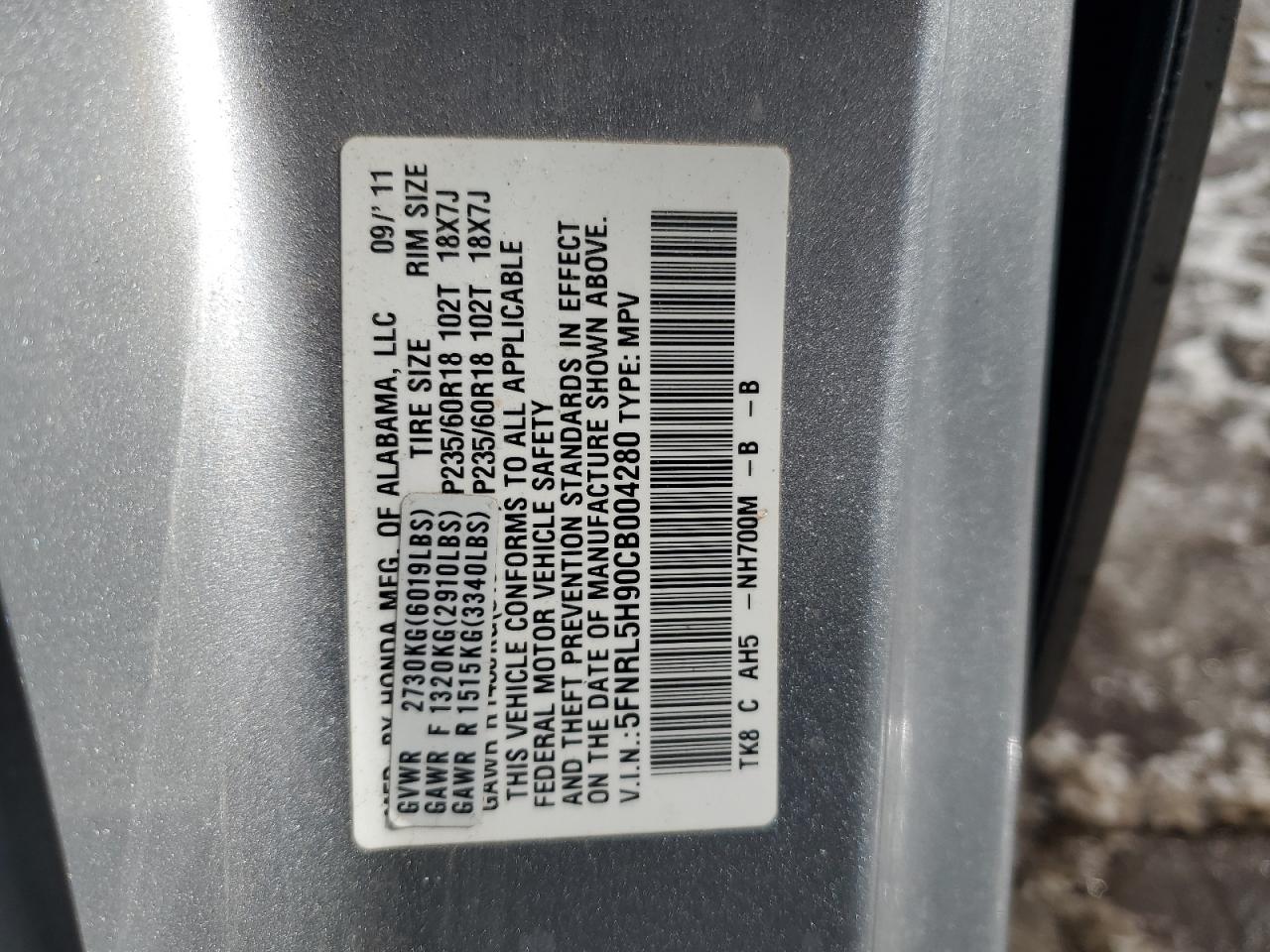 2012 Honda Odyssey VIN 5FNRL5H90CB004280 Copart auction photo, rear end / minor dent/scratches damage thumbnail 13