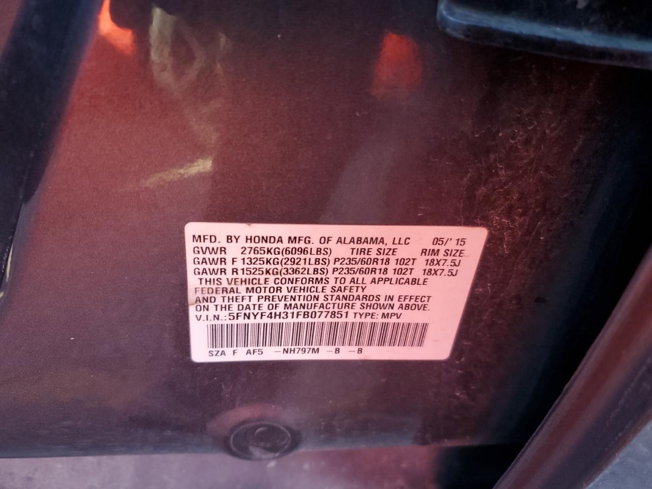 2015 Honda Pilot VIN 5FNYF4H31FB077851 Copart auction photo, rollover / mechanical damage thumbnail 14