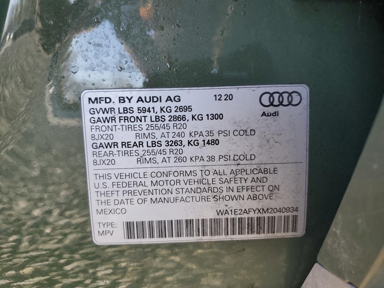 2021 Audi Q5 VIN WA1E2AFYXM2040934 Copart auction photo, front end damage thumbnail 14