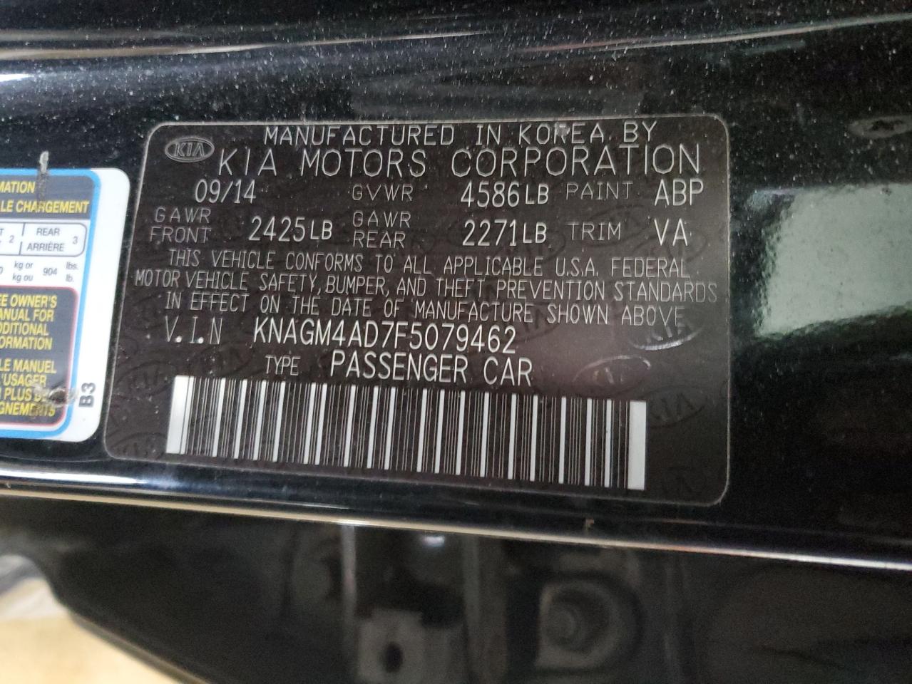 2015 KIA Optima VIN KNAGM4AD7F5079462 Copart auction photo, front end damage thumbnail 14
