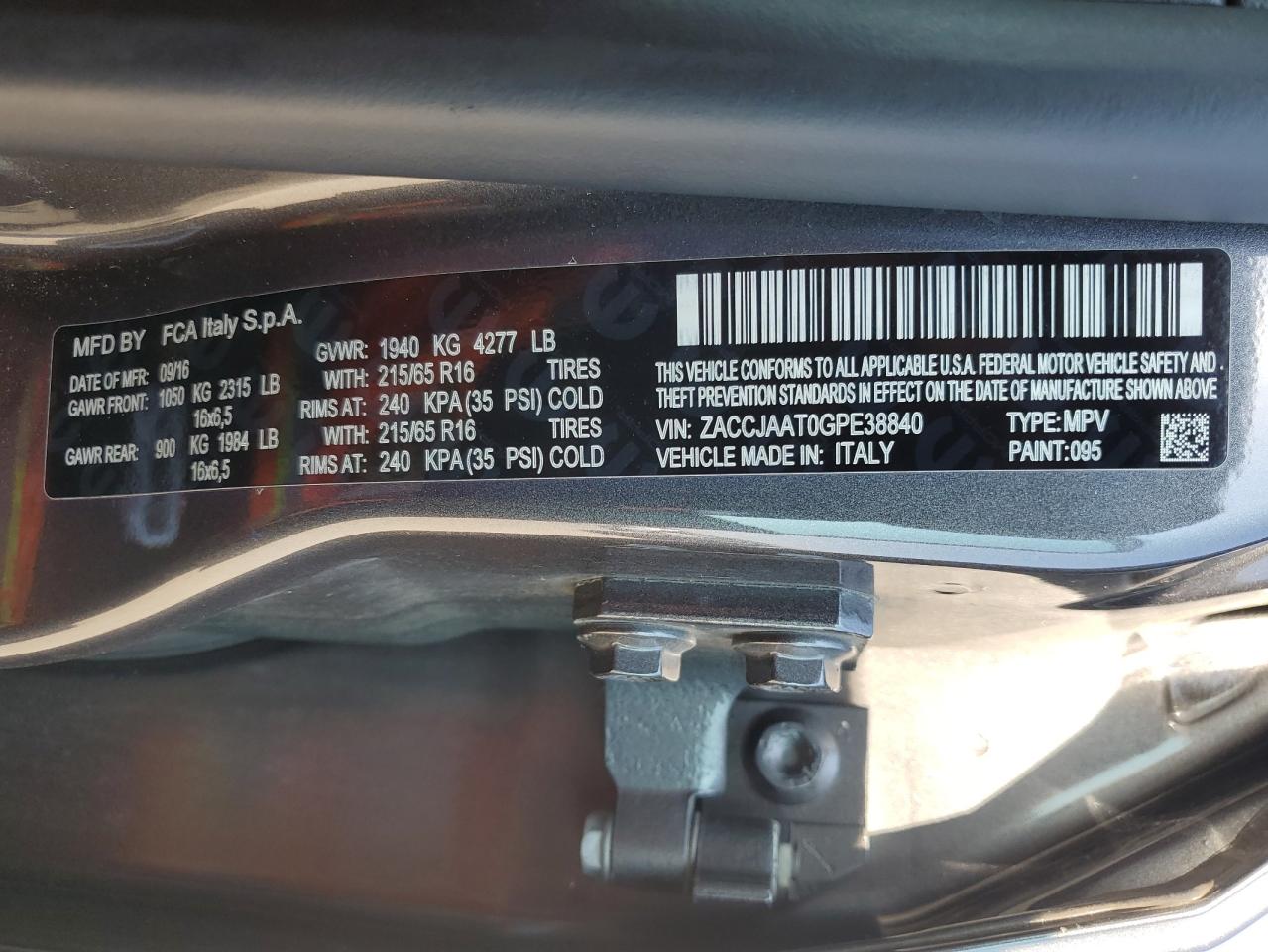 2016 Jeep Renegade VIN ZACCJAAT0GPE38840 Copart auction photo, front end damage thumbnail 14