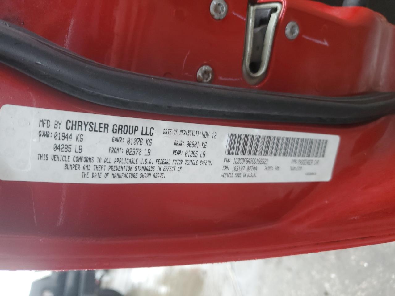 2013 Dodge Dart VIN 1C3CDFBA7DD199321 Copart auction photo, front end damage thumbnail 12
