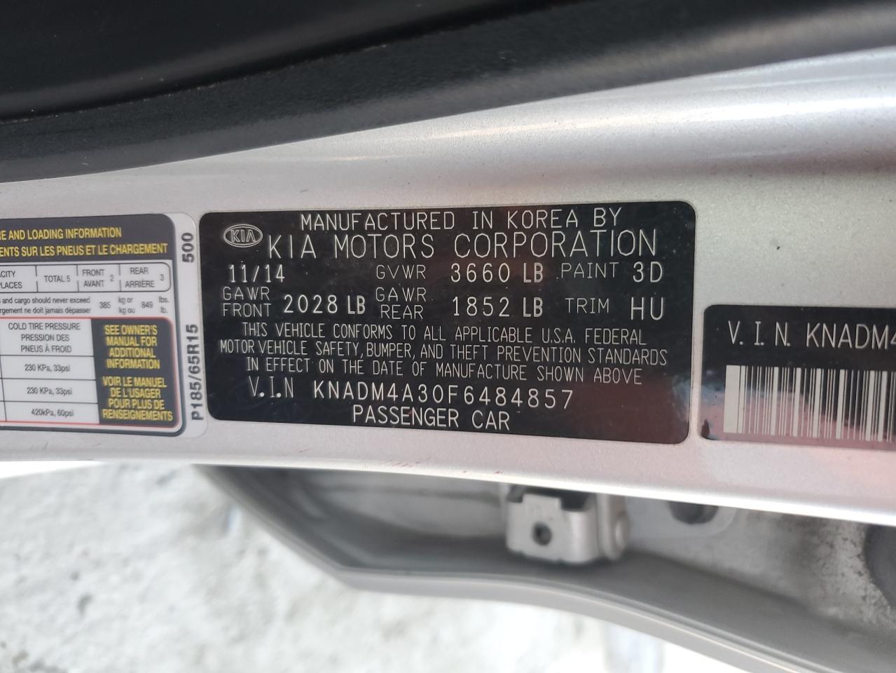 2015 KIA Rio VIN KNADM4A30F6484857 Copart auction photo, front end / rear end damage thumbnail 14