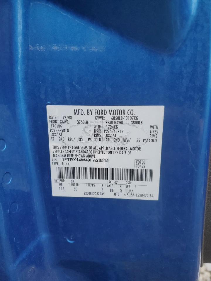 2009 Ford F-150 VIN 1FTRX14W49FA28515 Copart auction photo, rear end damage thumbnail 12