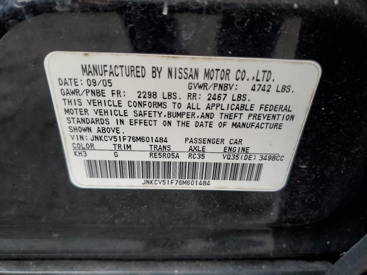 2006 Infiniti G VIN JNKCV51F76M601484 Copart auction photo, minor dent/scratches damage thumbnail 12