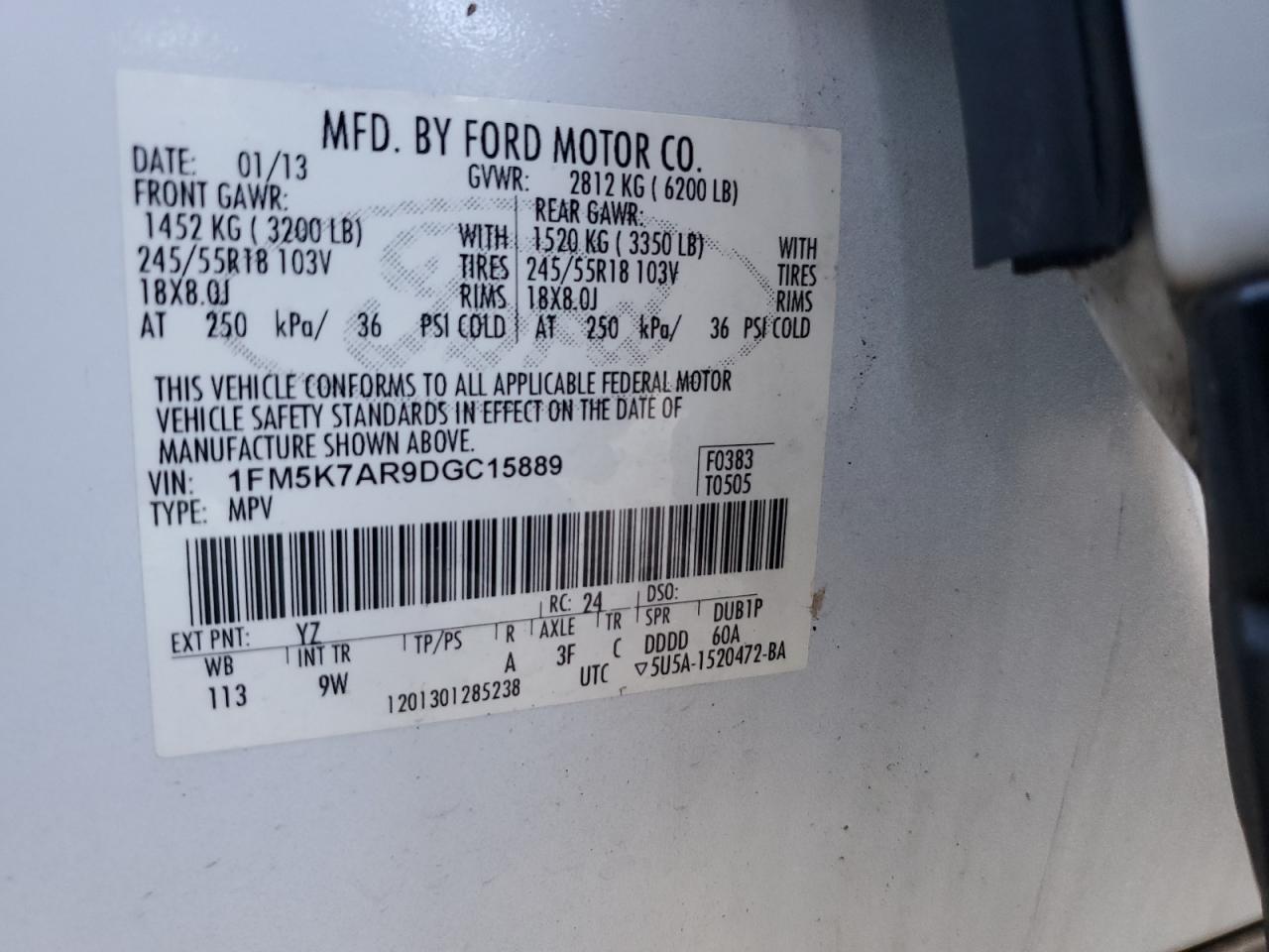 2013 Ford Explorer VIN 1FM5K7AR9DGC15889 Copart auction photo, mechanical damage thumbnail 13