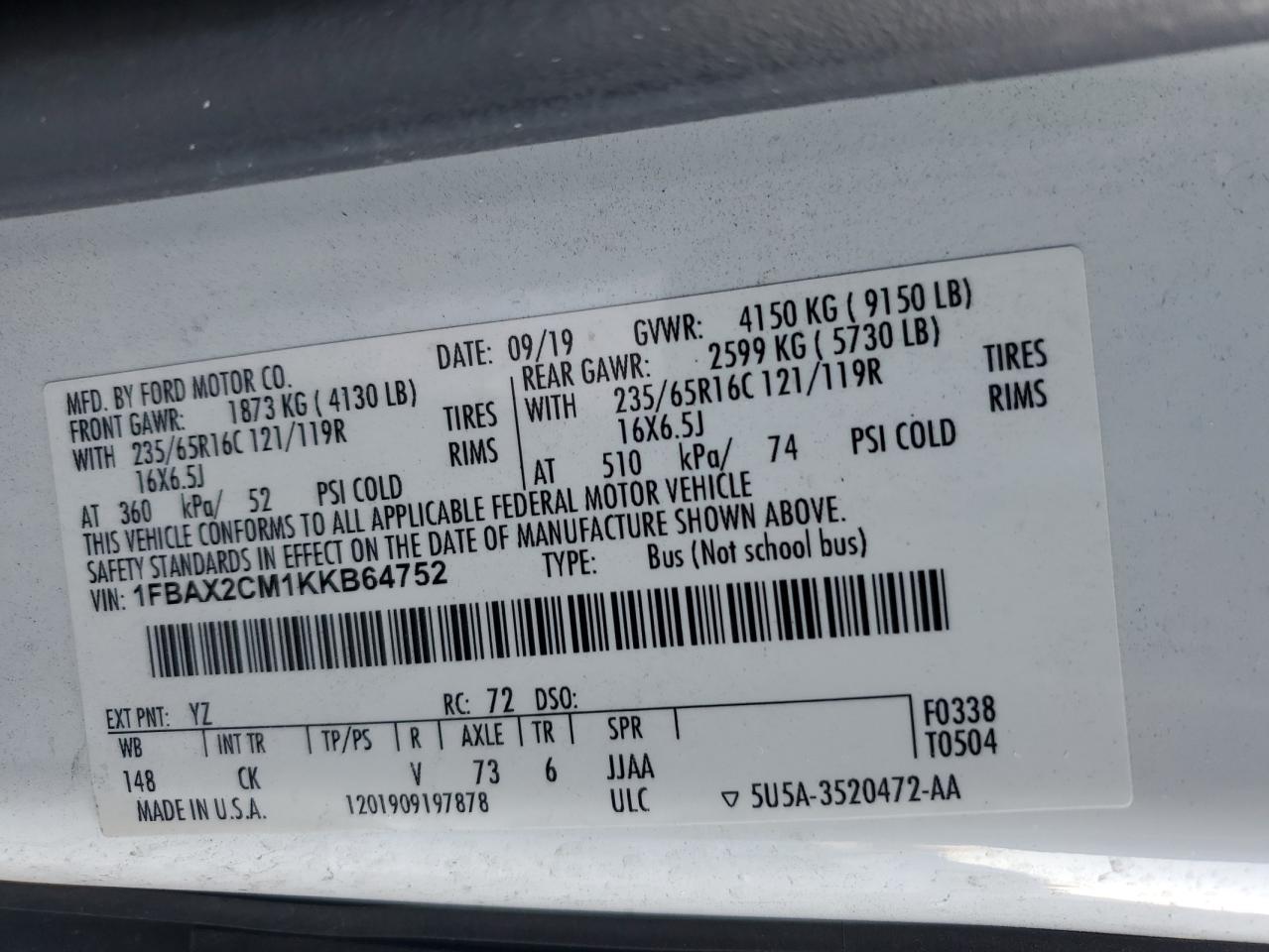 2019 Ford Transit VIN 1FBAX2CM1KKB64752 Copart auction photo, rear end damage thumbnail 13