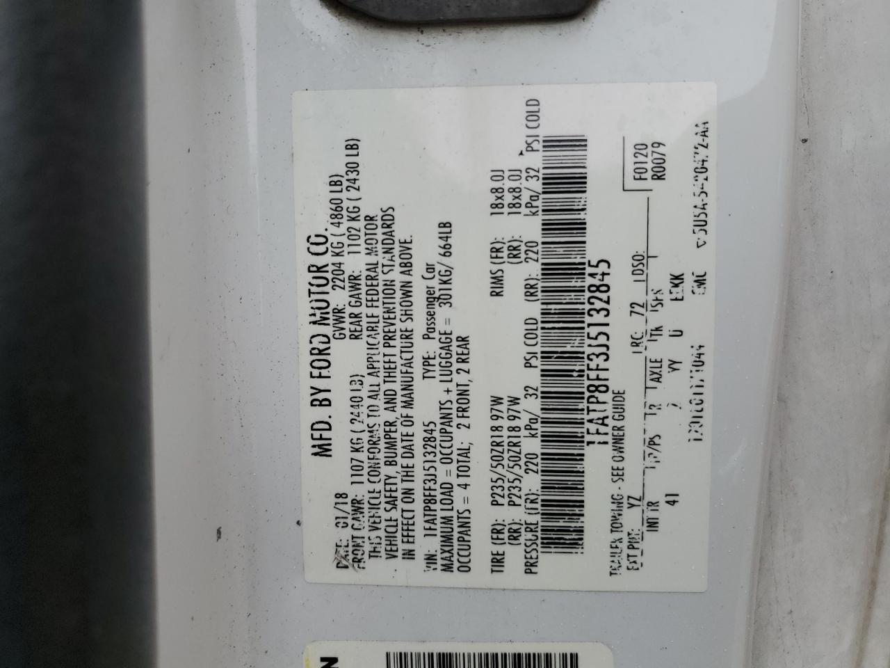 2018 Ford Mustang VIN 1FATP8FF3J5132845 Copart auction photo, side / rear end damage thumbnail 12