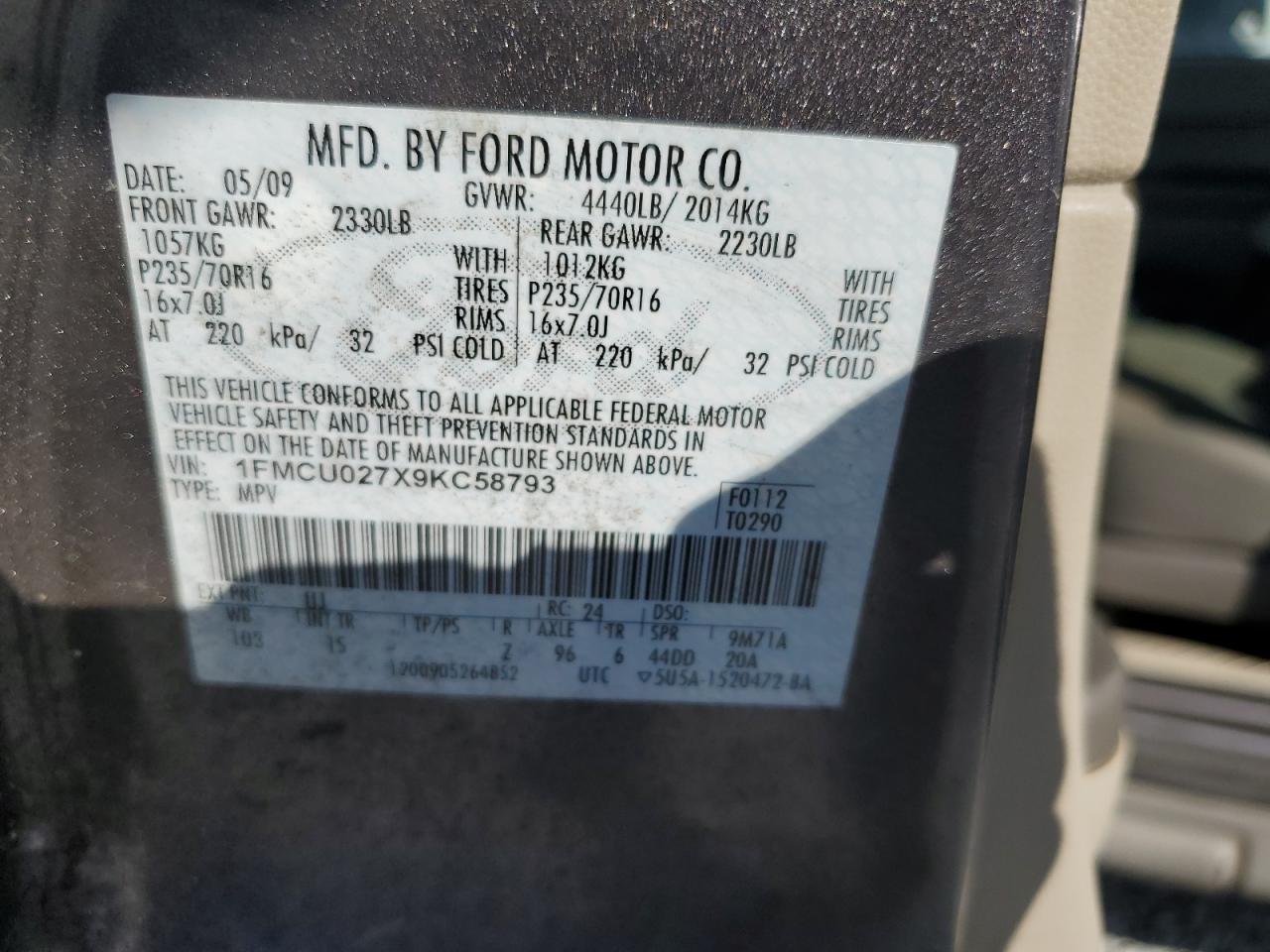 2009 Ford Escape VIN 1FMCU027X9KC58793 Copart auction photo, rear end / minor dent/scratches damage thumbnail 13