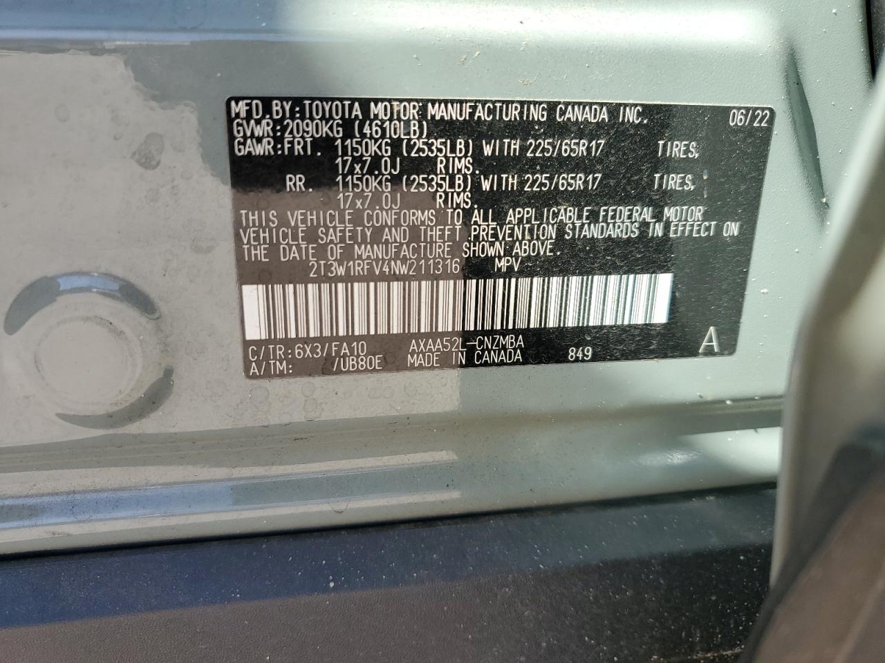 2022 Toyota RAV 4 VIN 2T3W1RFV4NW211316 Copart auction photo, front end damage thumbnail 14