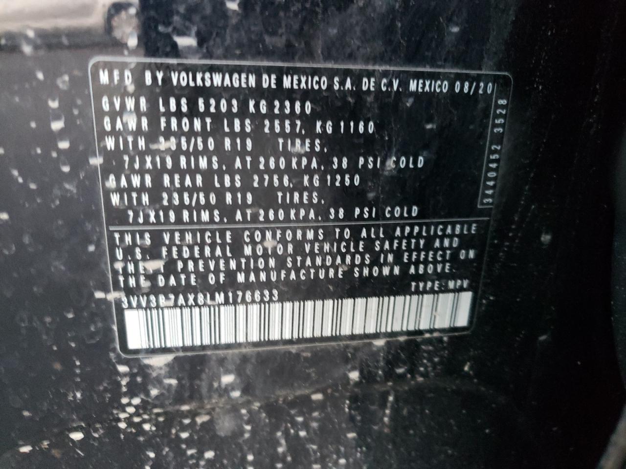 2020 Volkswagen Tiguan VIN 3VV3B7AX8LM176633 Copart auction photo, rear end / undercarriage damage thumbnail 12