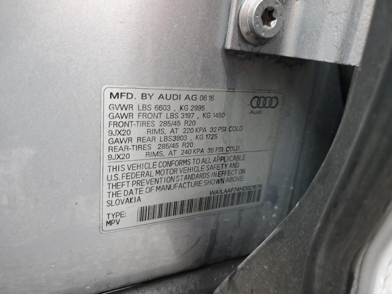 2017 Audi Q7 VIN WA1LAAF74HD021579 Copart auction photo, front end damage thumbnail 14