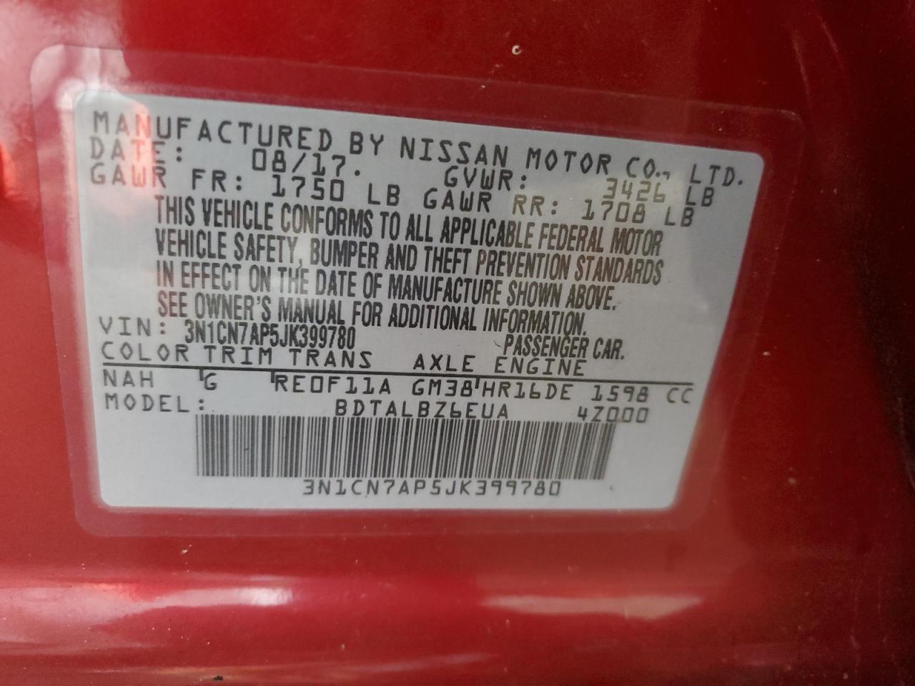 2018 Nissan Versa VIN 3N1CN7AP5JK399780 Copart auction photo, rear end damage thumbnail 12