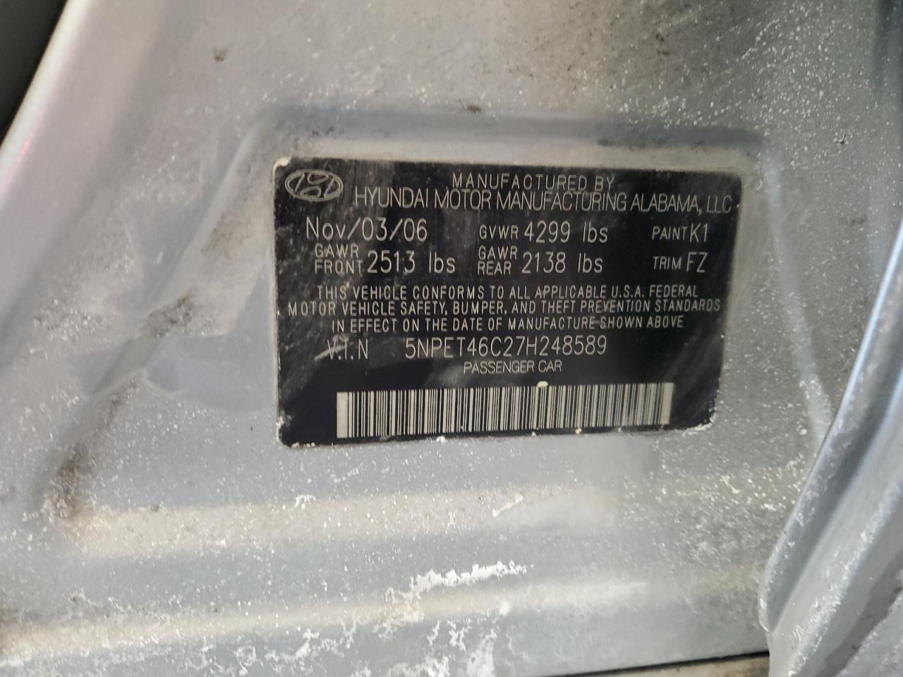 2007 Hyundai Sonata VIN 5NPET46C27H248589 Copart auction photo, front end damage thumbnail 12