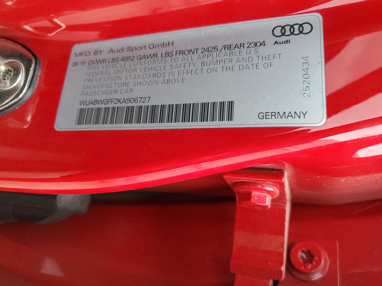 2019 Audi RS3 VIN WUABWGFF2KA906727 Copart auction photo, front end / side damage thumbnail 14