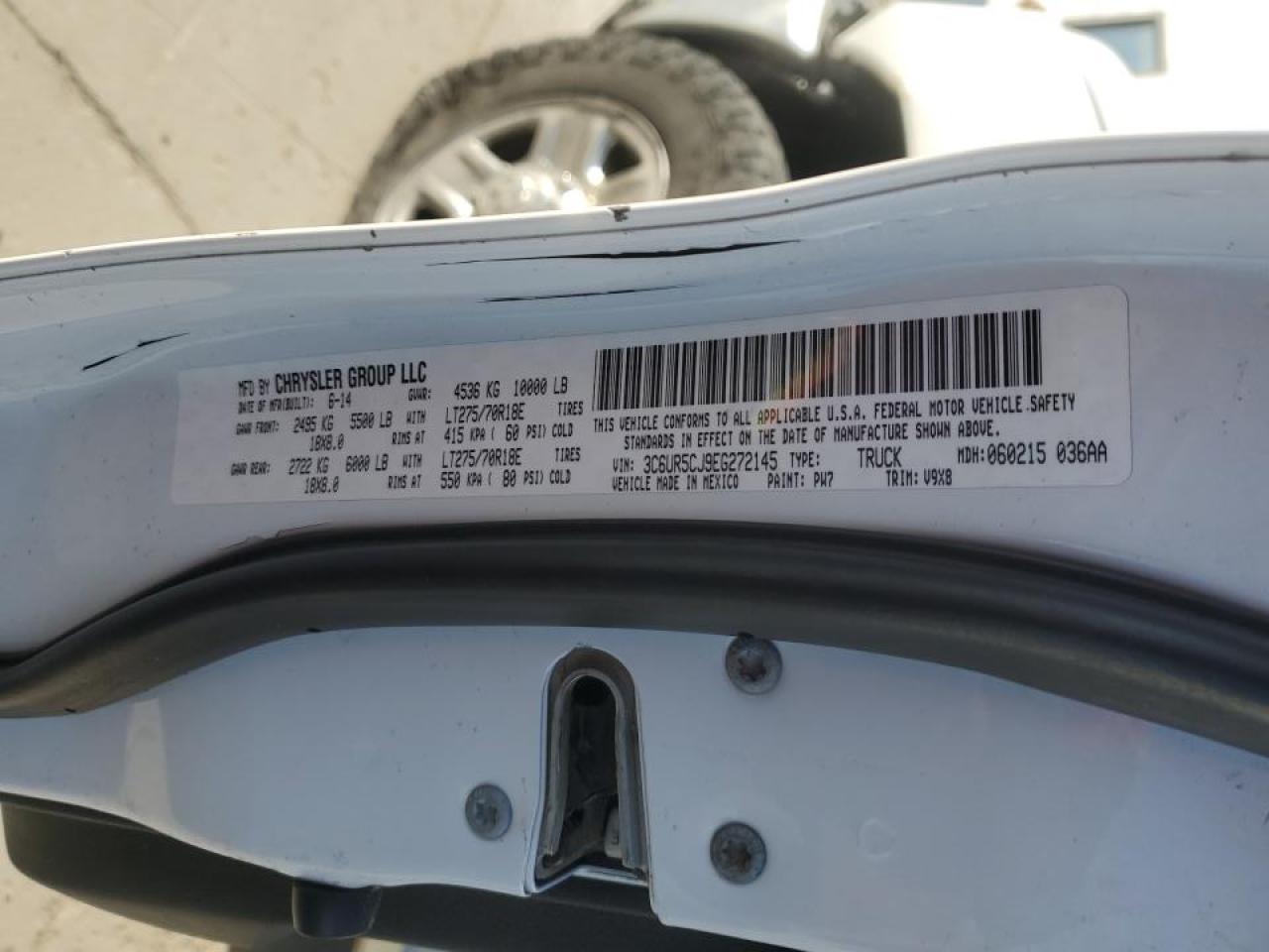 2014 RAM 2500 VIN 3C6UR5CJ9EG272145 Copart auction photo, front end / all over damage thumbnail 12