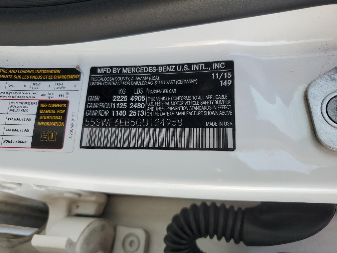 2016 Mercedes-Benz C-klasse VIN 55SWF6EB5GU124958 Copart auction photo, all over damage thumbnail 15