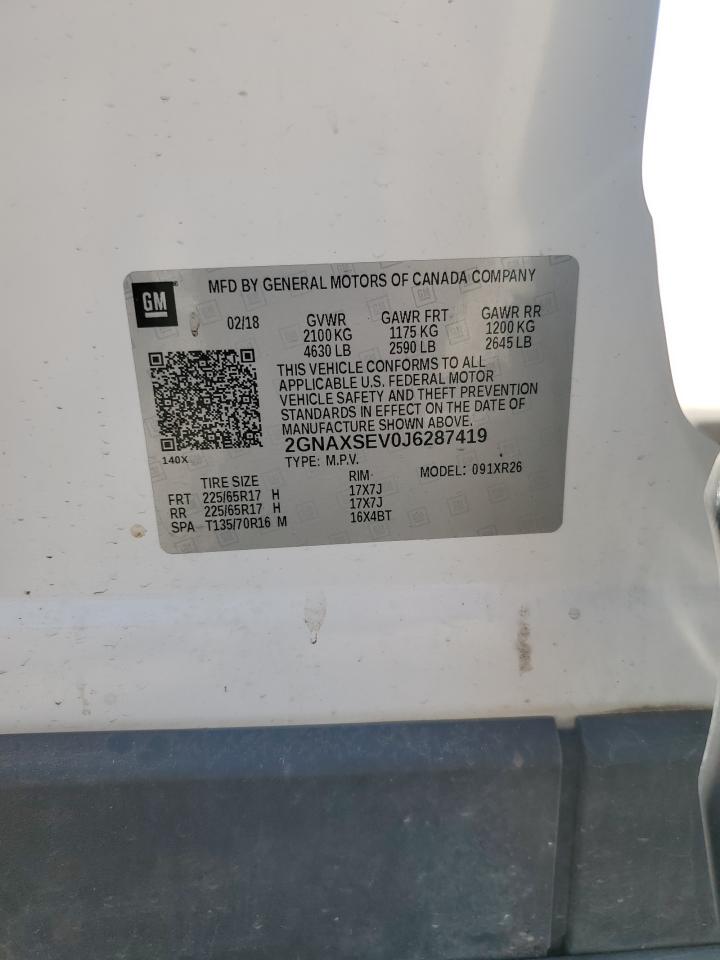2018 Chevrolet Equinox VIN 2GNAXSEV0J6287419 Copart auction photo, front end / side damage thumbnail 14