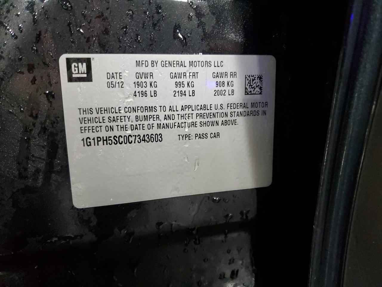 2012 Chevrolet Cruze VIN 1G1PH5SC0C7343603 Copart auction photo, rear end damage thumbnail 13