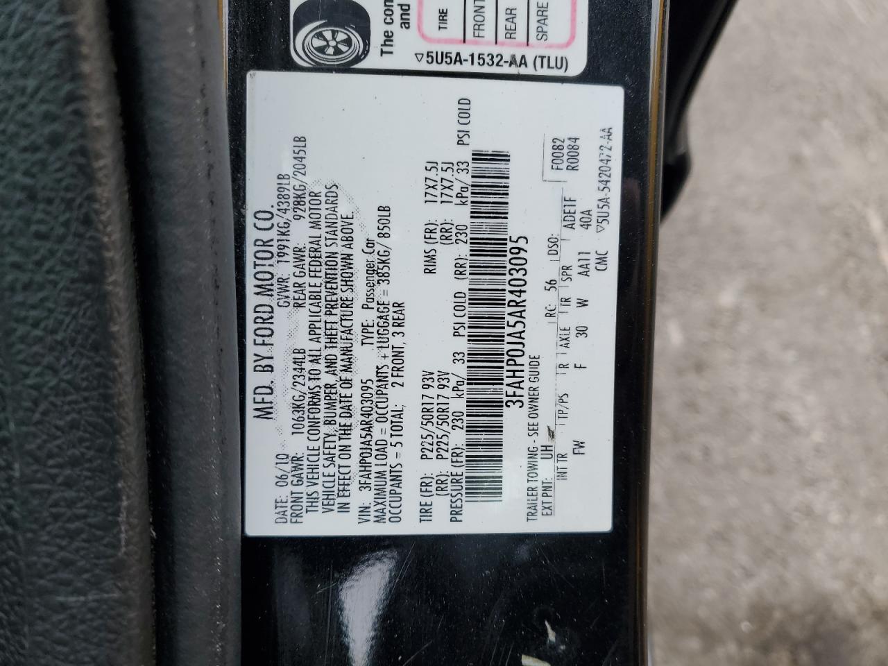 2010 Ford Fusion VIN 3FAHP0JA5AR403095 Copart auction photo, side / front end damage thumbnail 14