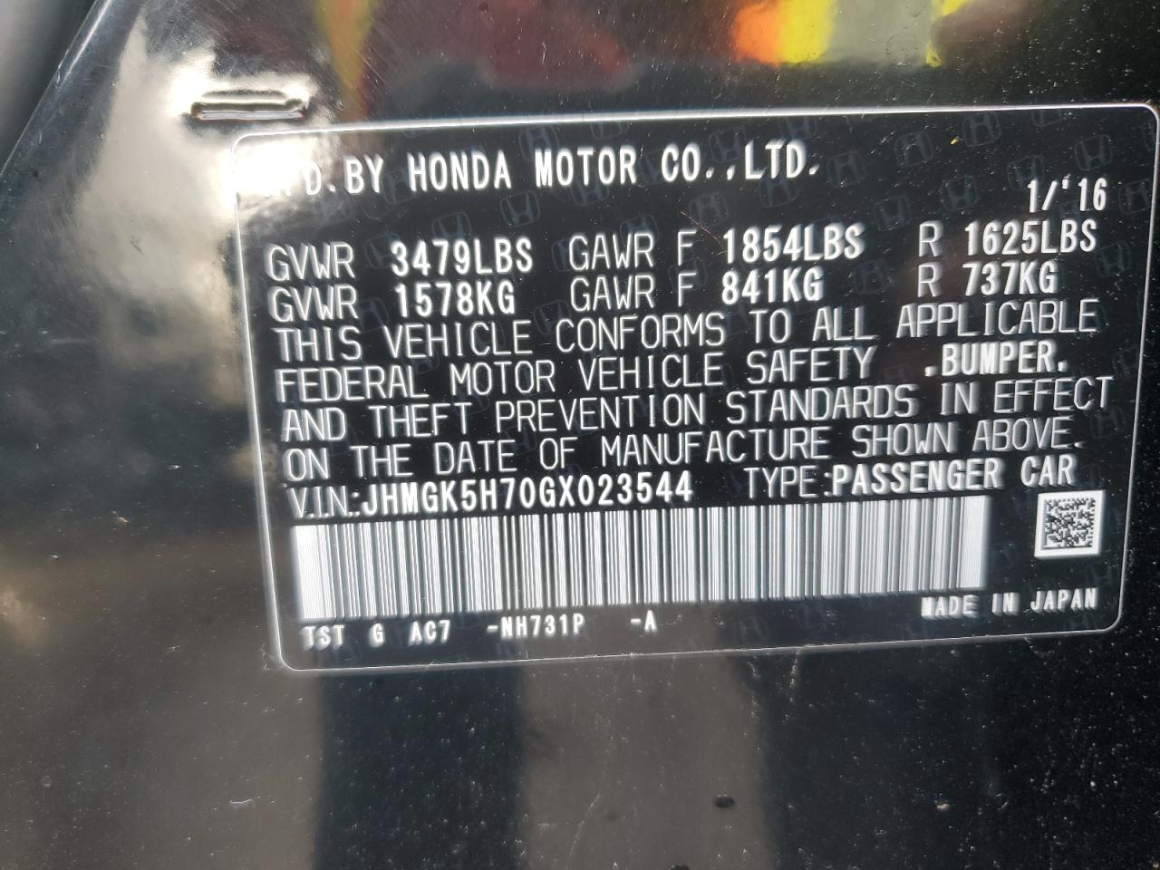 2016 Honda Fit VIN JHMGK5H70GX023544 Copart auction photo, front end damage thumbnail 12