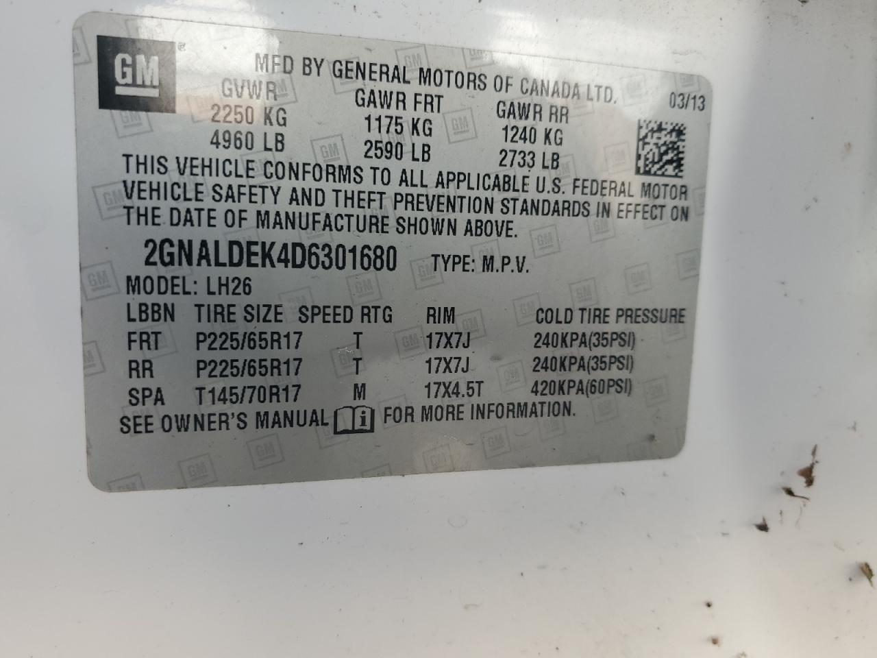 2013 Chevrolet Equinox VIN 2GNALDEK4D6301680 Copart auction photo, side / minor dent/scratches damage thumbnail 13