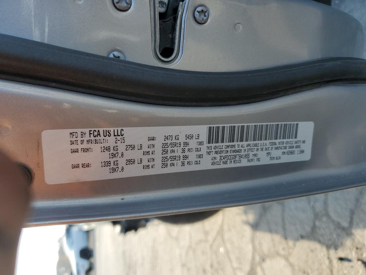 2015 Dodge Journey VIN 3C4PDCEG9FT641055 Copart auction photo, front end / side damage thumbnail 15