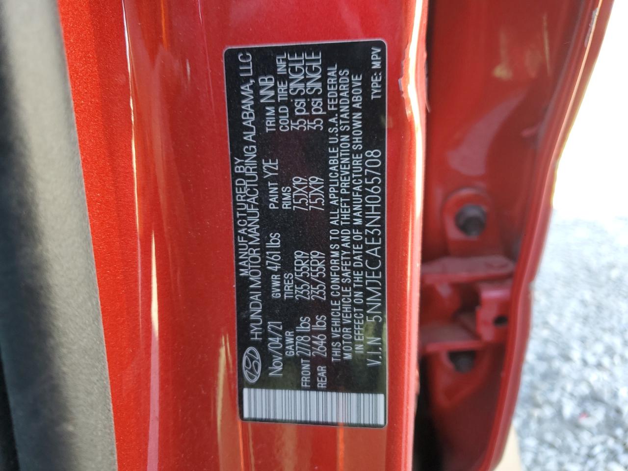 2022 Hyundai Tucson VIN 5NMJECAE3NH065708 Copart auction photo, front end / side damage thumbnail 16