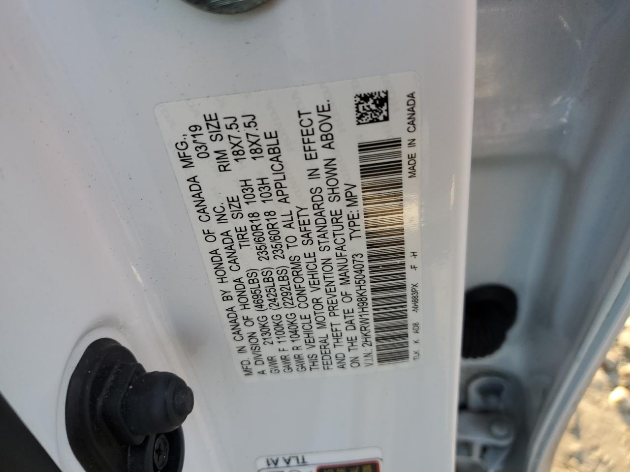 2019 Honda CR-V VIN 2HKRW1H98KH504073 Copart auction photo, front end damage thumbnail 16