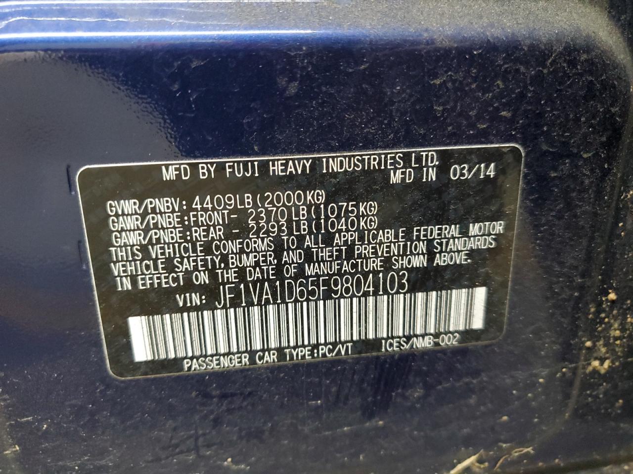 2015 Subaru WRX VIN JF1VA1D65F9804103 Copart auction photo, all over / undercarriage damage thumbnail 12