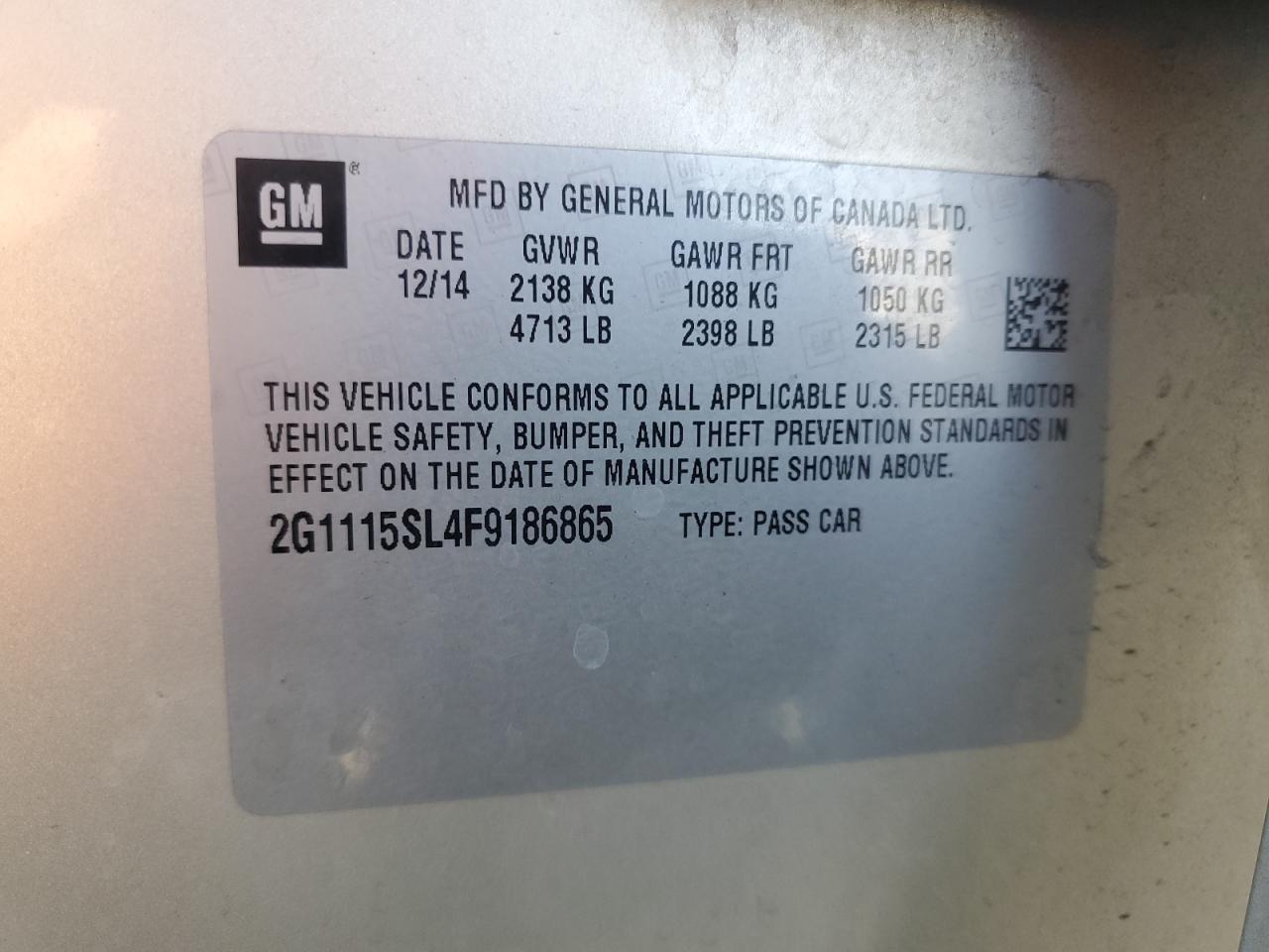 2015 Chevrolet Impala VIN 2G1115SL4F9186865 Copart auction photo, front end damage thumbnail 15