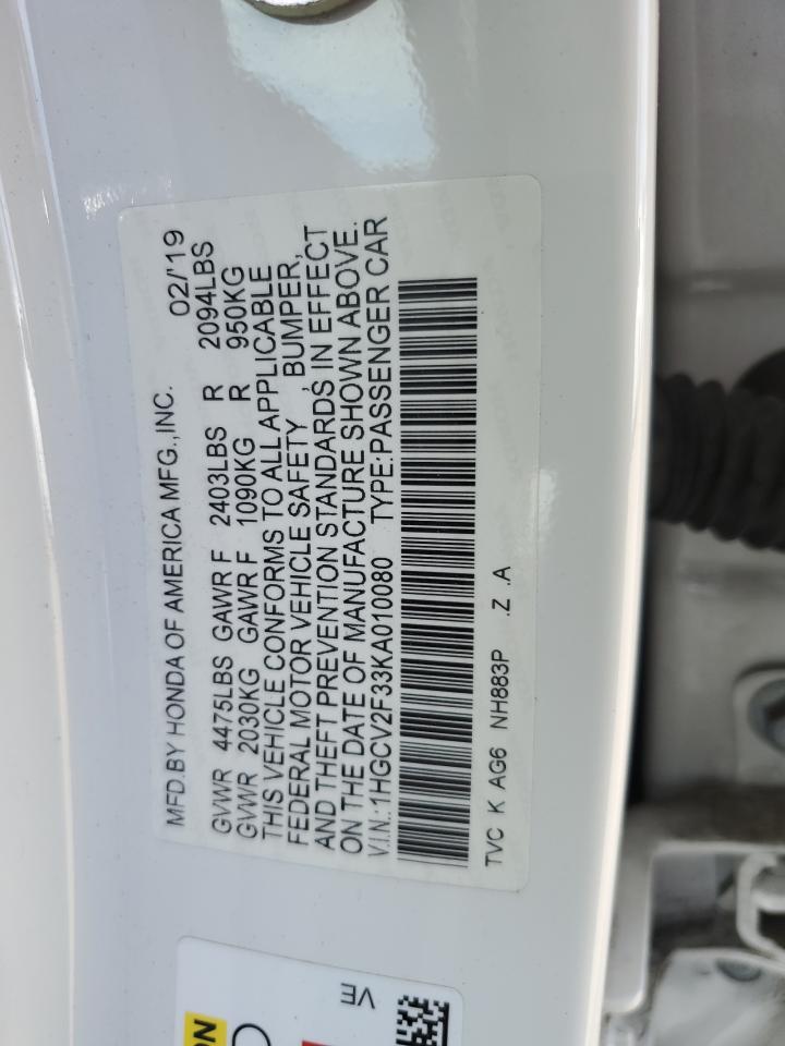 2019 Honda Accord VIN 1HGCV2F33KA010080 Copart auction photo, front end damage thumbnail 14
