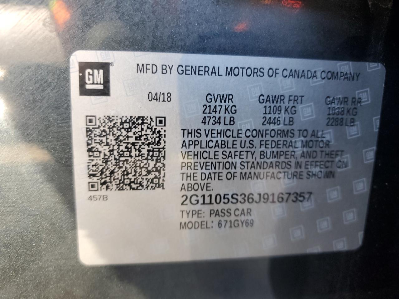 2018 Chevrolet Impala VIN 2G1105S36J9167357 Copart auction photo, front end damage thumbnail 12