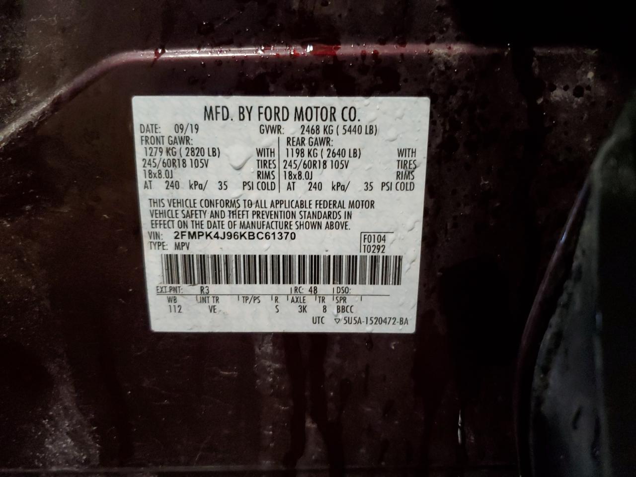 2019 Ford Edge VIN 2FMPK4J96KBC61370 Copart auction photo, front end / minor dent/scratches damage thumbnail 14