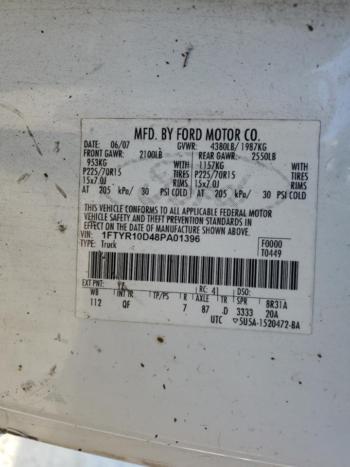 2008 Ford Ranger VIN 1FTYR10D48PA01396 Copart auction photo, top/roof / side damage thumbnail 13