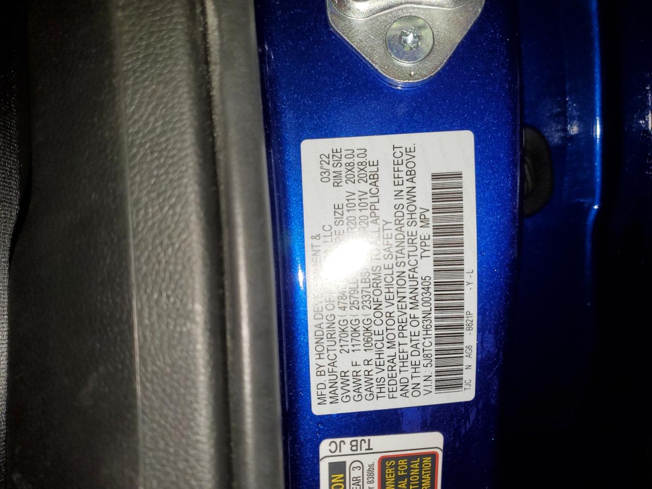 2022 Acura RDX VIN 5J8TC1H63NL003405 Copart auction photo, rear end damage thumbnail 13