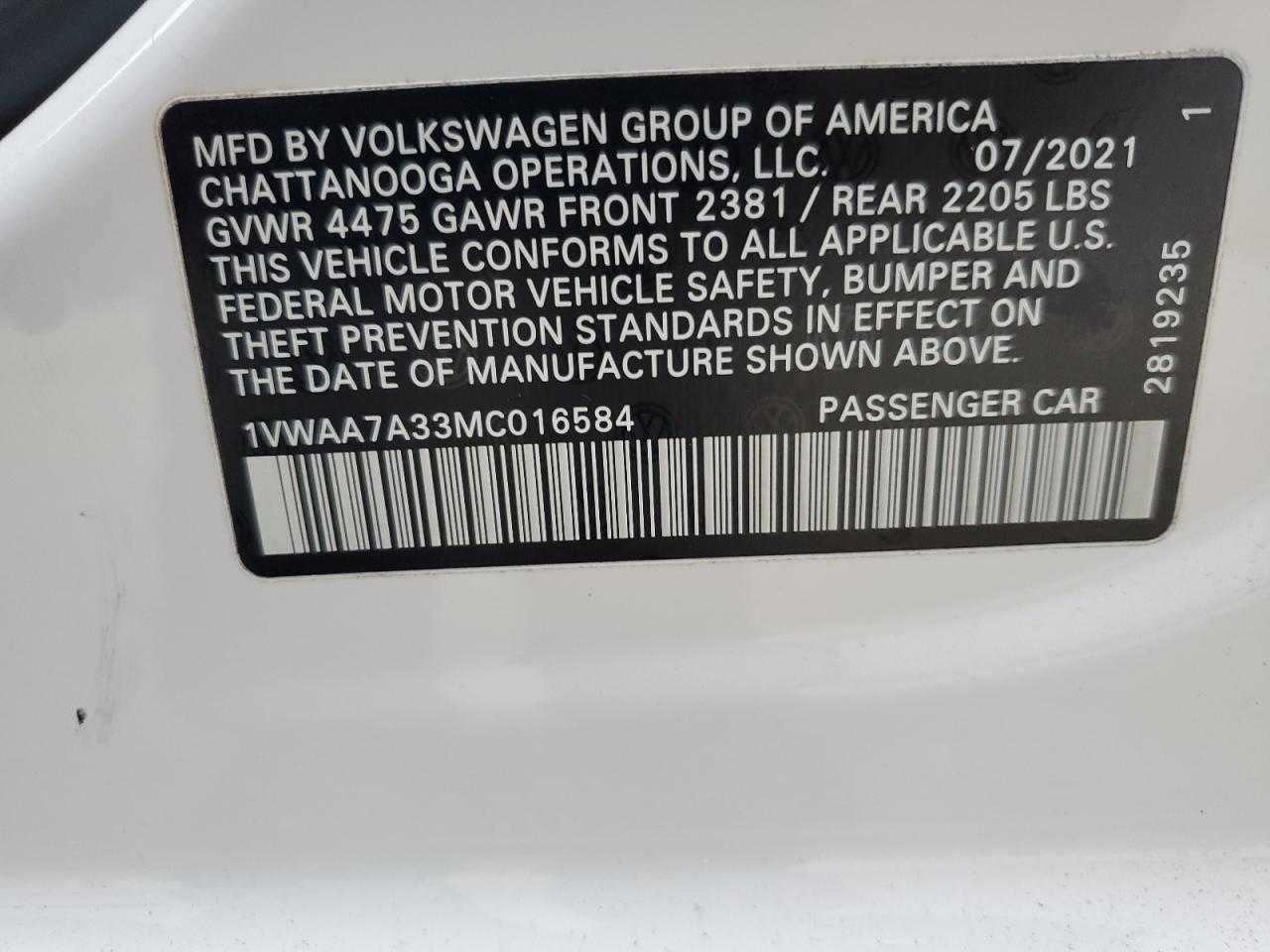 2021 Volkswagen Passat VIN 1VWAA7A33MC016584 Copart auction photo, side damage thumbnail 12