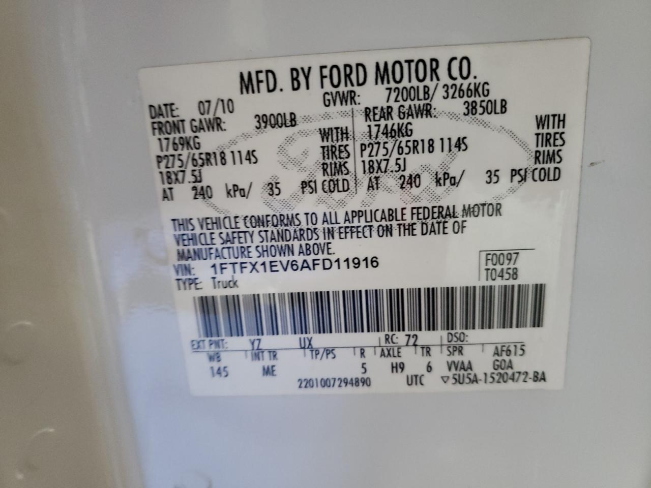 2010 Ford F-150 VIN 1FTFX1EV6AFD11916 Copart auction photo, side / front end damage thumbnail 12