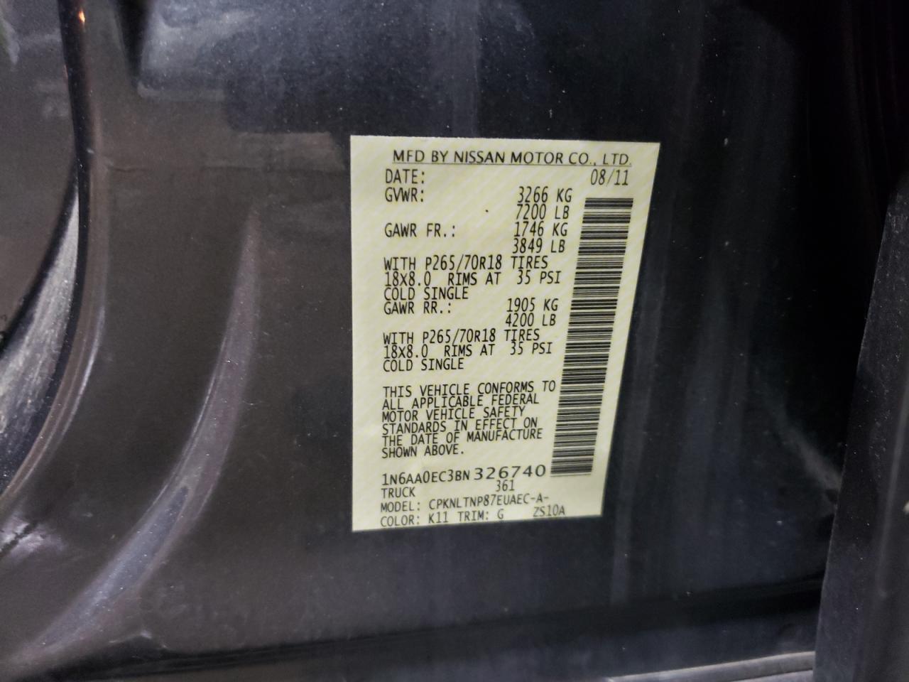 2011 Nissan Titan VIN 1N6AA0EC3BN326740 Copart auction photo, front end damage thumbnail 14